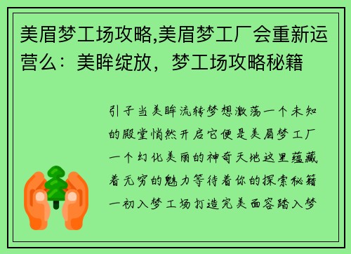 美眉梦工场攻略,美眉梦工厂会重新运营么：美眸绽放，梦工场攻略秘籍